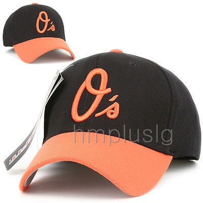 BALTIMORE ORIOLES Flex Fit Baseball Cap Hat MB BLACK orange rim