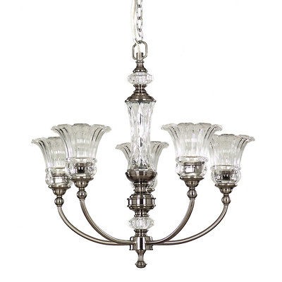 ALLEN ROTH 5 Light Polished Pewter Chandelier Crystal Glass Shades 