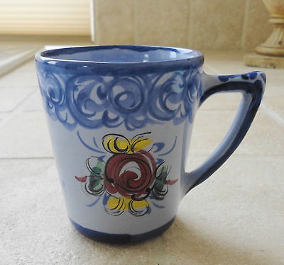 Vestal Portugal Hand Painted Floral & Swirls Blue Pottery Mug Signed 