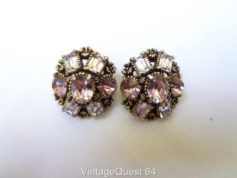   Craft Corp 1954 Pink Glass Rhinestone Oval Clip On Earrings Gold (C360