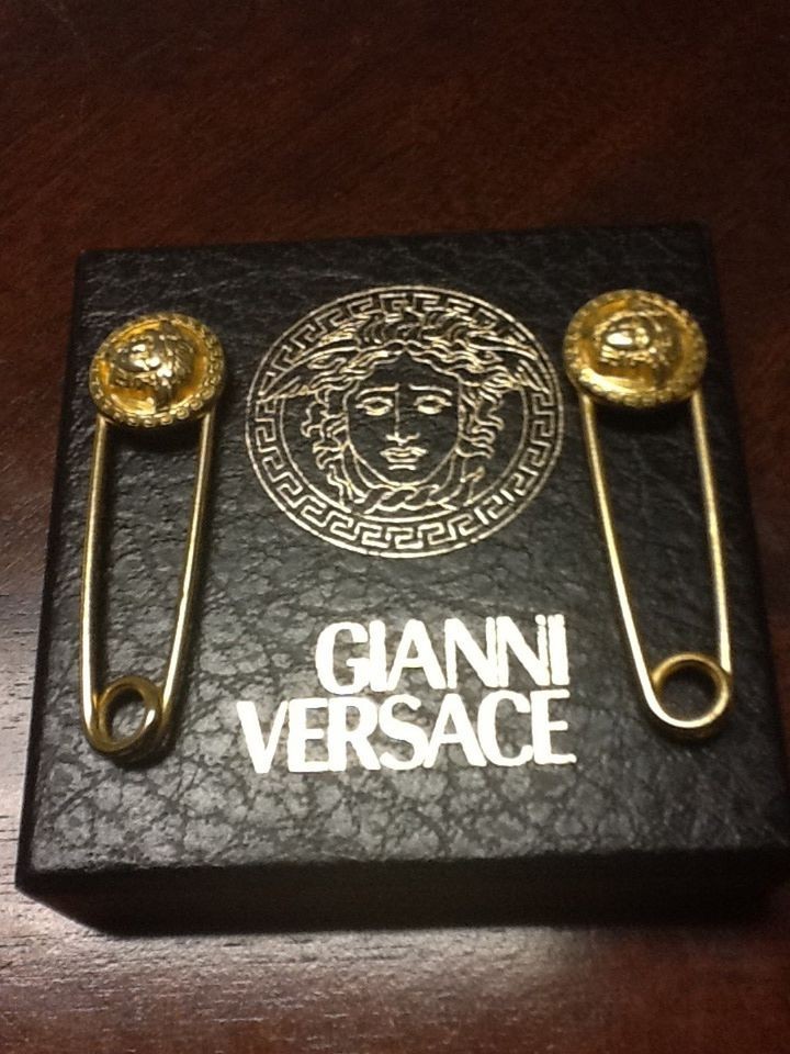   Versace Set of 2 Large, Gold Safety Pin Brooches with Medusa NEW