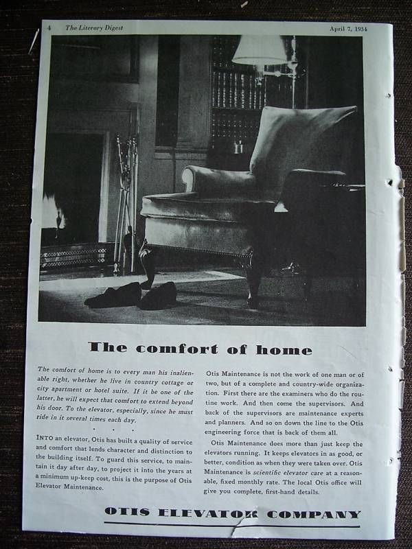1934 Otis Elevator Comfort of Home Fireplace Ad