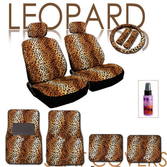   PC Leopard Animal Print Car Seat Covers Wheel Cover Mats Set with Gift