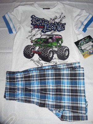 Boys MONSTER JAM Grave Digger BAD TO THE BONE T Shirt & Shorts Outfit 