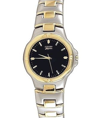 CITIZEN MENS $275 TWO TONE SILVER, GOLD, BLUE DIAL, ELEGANCE WATCH 
