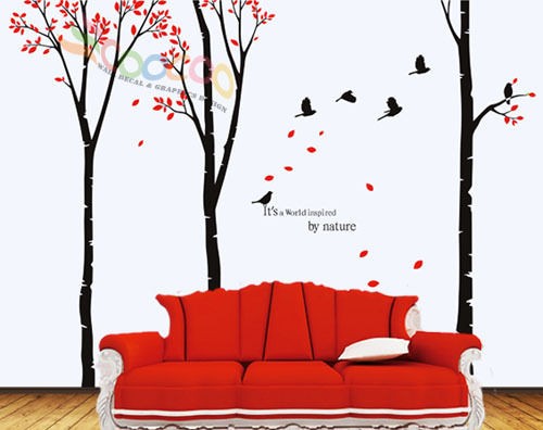   Decal Sticker Removable large 90 birch tree birds wit fallen leaves
