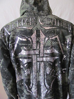 New XTREME COUTURE Mens Olive Green L/S Graphic Saracen Zip Hoodie $60