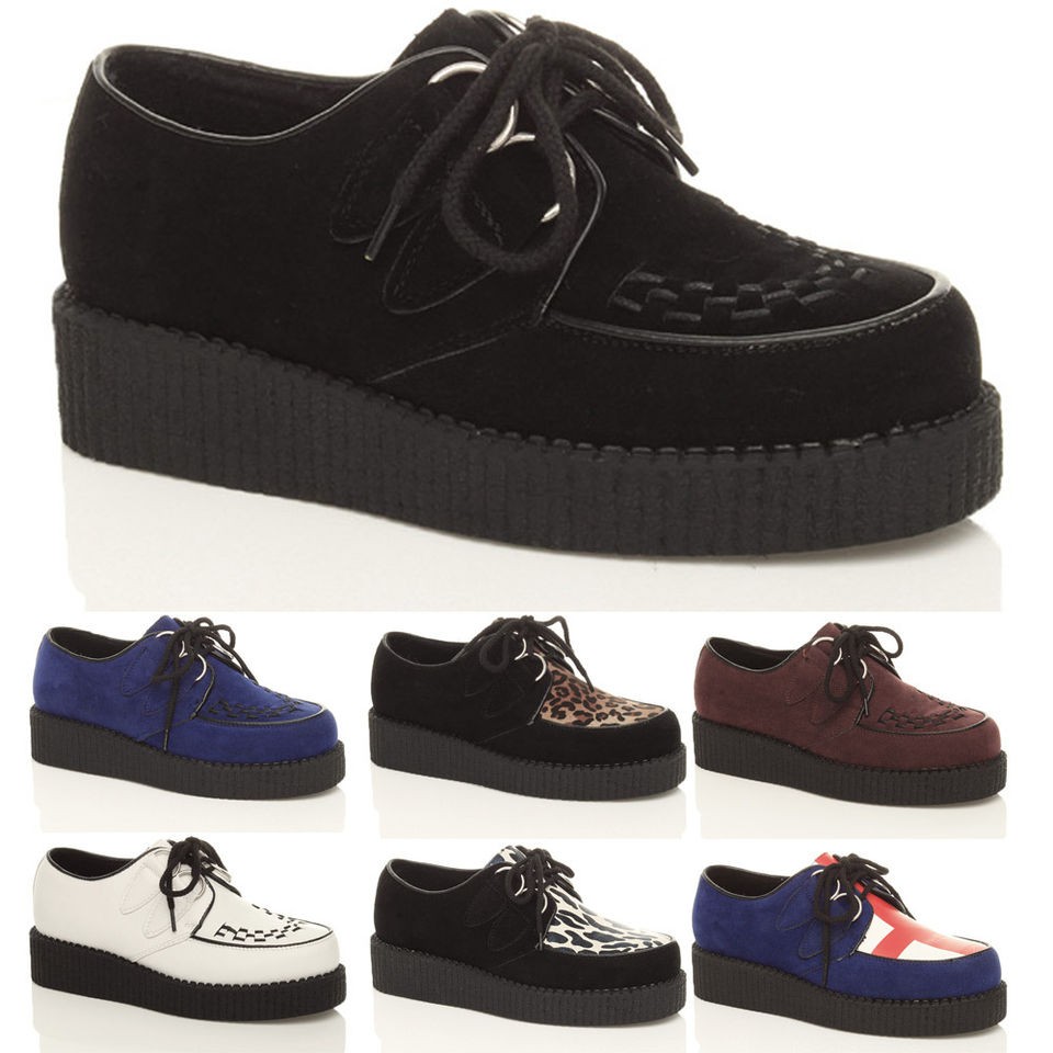 WOMENS LADIES FLAT PLATFORM WEDGE LACE UP GOTH PUNK CREEPERS SHOES 