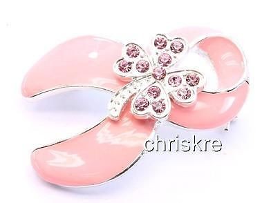   Clover Pink Crystal Ribbon Breast Cancer Pin Brooch USA Seller