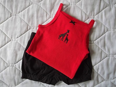   BRIGHT ORANGE TANK ONESIE WITH GIRAFFE & BROWN SHORTS GIRLS SZ 9 MOS