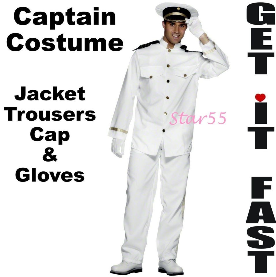 Mens White Navy Sea Captain Officer Sailor Fancy Dress Costume Med 
