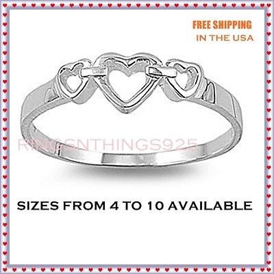 Sterling Silver 925 Women Three Open Hearts Ring Sizes 4,5,6,7,8,9,10