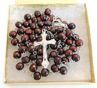 wood beads prayer rosary necklace silver ton crucifix time left