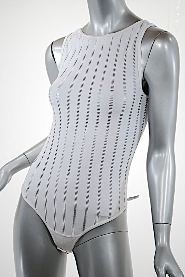 WOLFORD White Linear Cutout S/L Bodysuit/THONG​ Nylon Blend NICE 