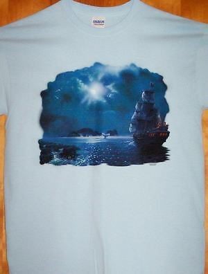 SAILING SHIP IN THE MOON Light Blue T Shirt Sz XL Rocks & Whales