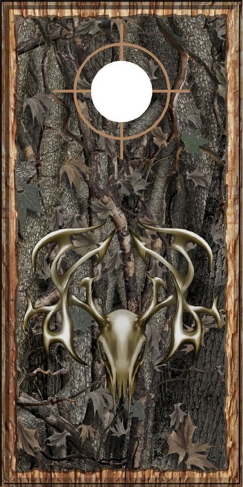 Oak camouflage wood tribal deer buck head hunting cornhole board wrap 