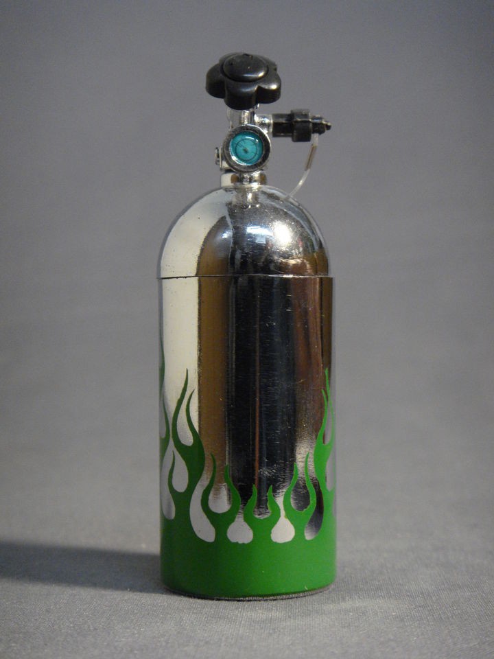 NOS NITROUS OXIDE TANK REPLICA CHROME WITH GREEN FLAMES BOTTLE TORCH 
