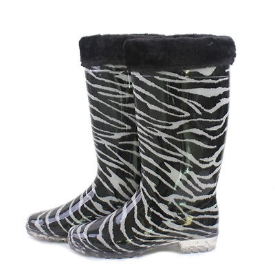   White Zebra Animal Print Rubber Fur Trim Rain Snow Boots 6 7 8 9 10 11