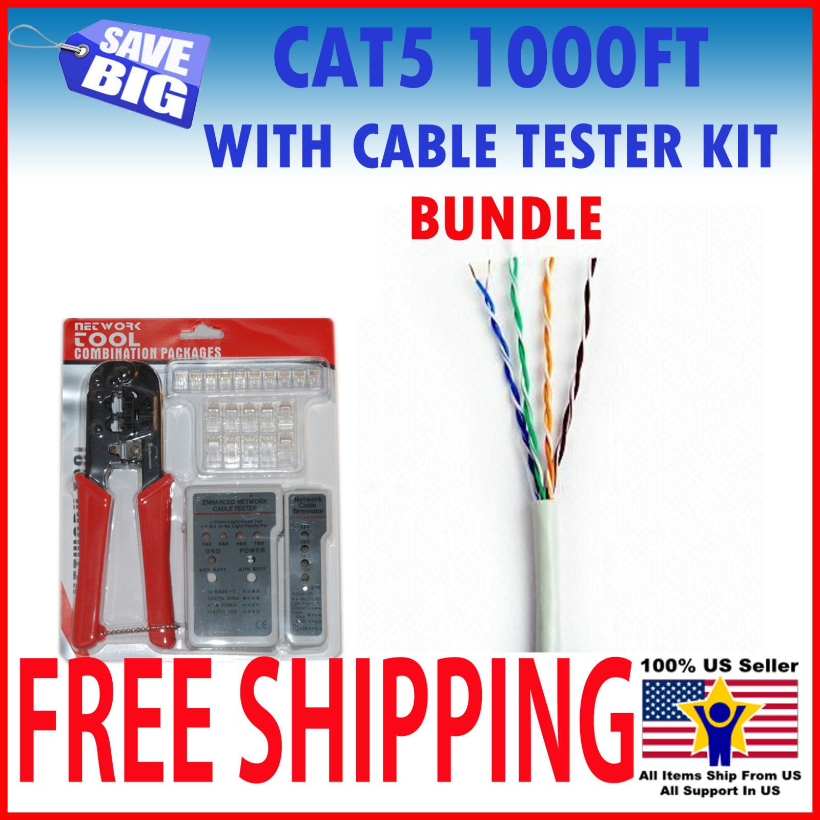 Cat5e 1000ft CAT5 Cable UTP Wire Solid Ethernet Gray Bulk RJ45 Crimper 