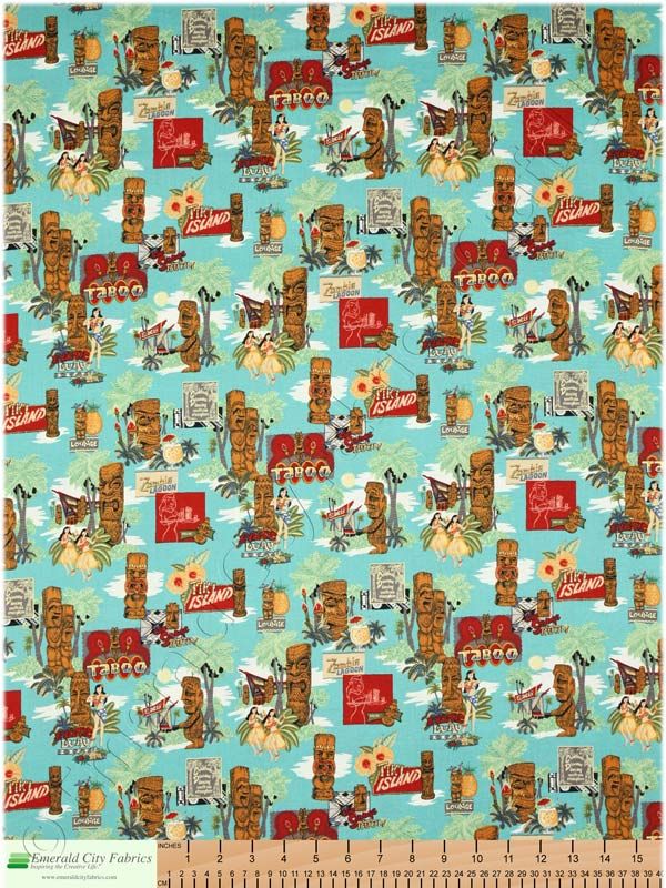 Alexander Henry Tiki Lounge Blue Hawaiian Cotton Fabric