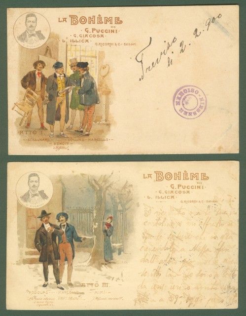 PUCCINI. LA BOHEME. Due cartoline viaggiate nel 1900. Edite da Ricordi 