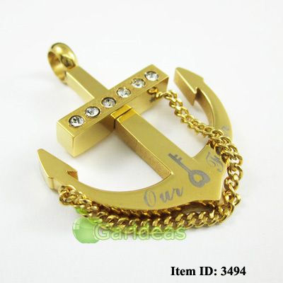 Mens Stainless Steel Gold Crystal Anchor Chain Pendant Necklace Item 