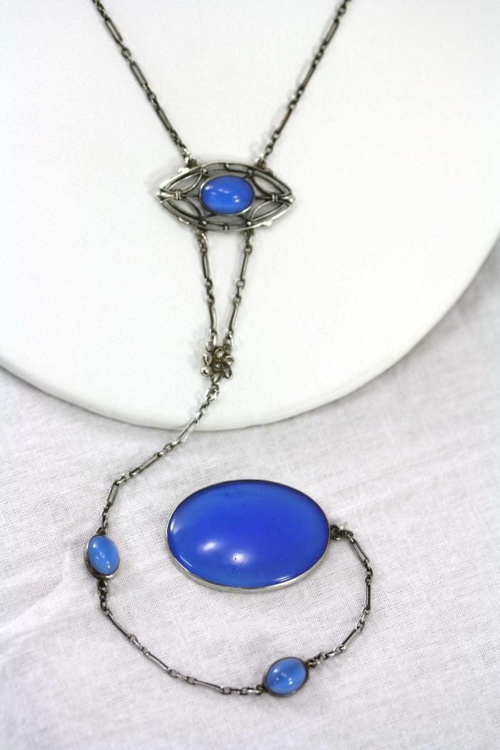 Antique Edwardian Silver Blue Moonstone Dangling Pendant Necklace 