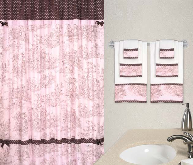 JoJo Pink French Country Toile Shower Curtain Towel Set