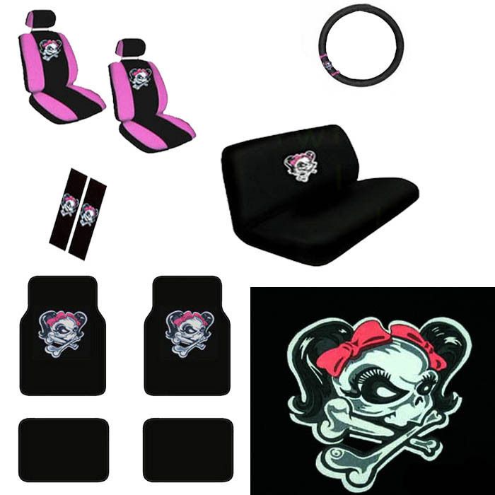 15pc Car Seat Cover Set Lady Skull Girl Pink Bow +Floor Mat+Wheel+Belt 