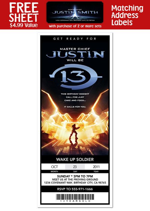HALO 4 Birthday Party Personalized Ticket Style INVITATIONS