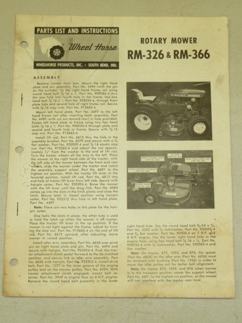 1965 WHEEL HORSE TRACTOR RM 326 RM 366 ROTARY MOWER PARTS LIST MANUAL