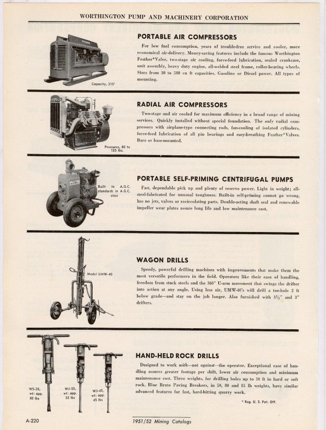 Worthington Portable Mine Pump Diesel Compressor 50s Ad