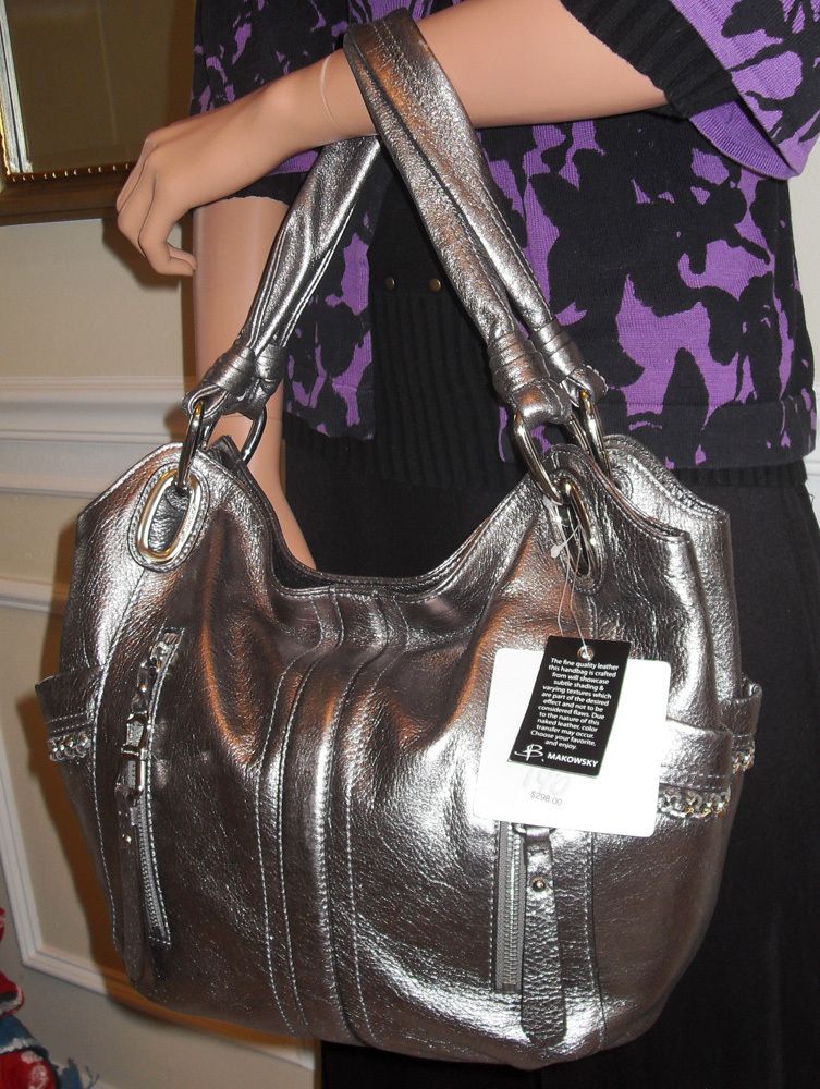 New B Makowsky Alice Shopper Genuine Leather Shoulder Bag Pewter