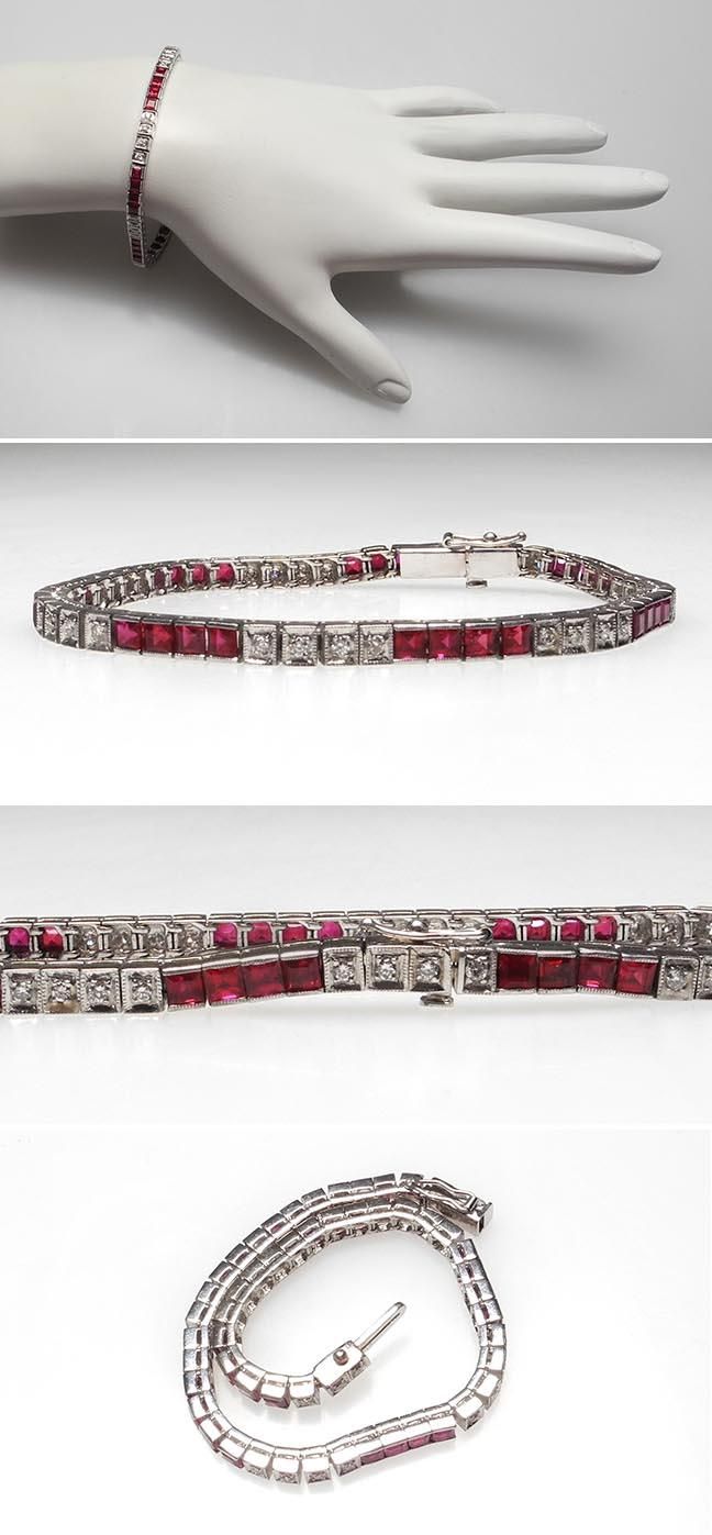 Vintage Natural Ruby & Diamond Line Tennis Bracelet Solid 18K Gold sku 