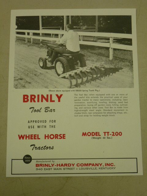 Vintage Brinly Tool Bar TT 200 Spec Sheet for Wheel Horse Tractors 