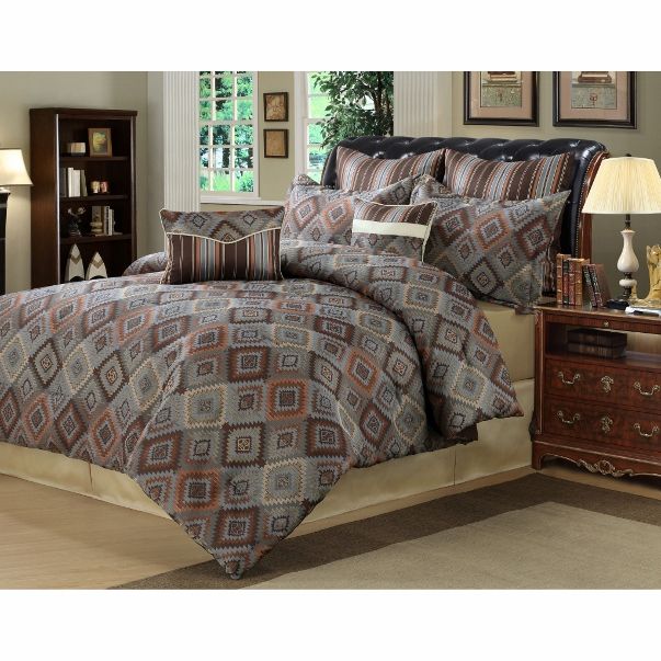 8PC Blue Gray Cream Brown Southwestern Inspired Geometric Comforter 