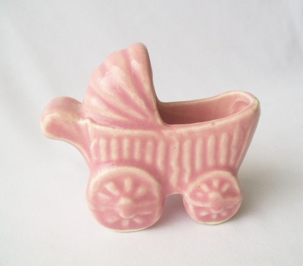 Baby Carriage Pink Miniature Ceramic Pottery USA 1950s 1960 Baby 