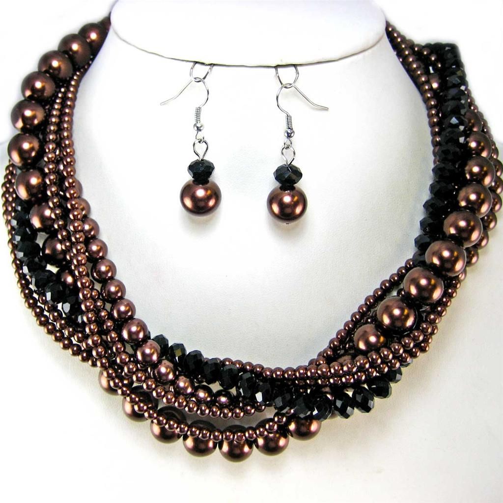  Size Brown Glass Faux Pearls/Black Crystal Beads ~ Twisted Necklace 