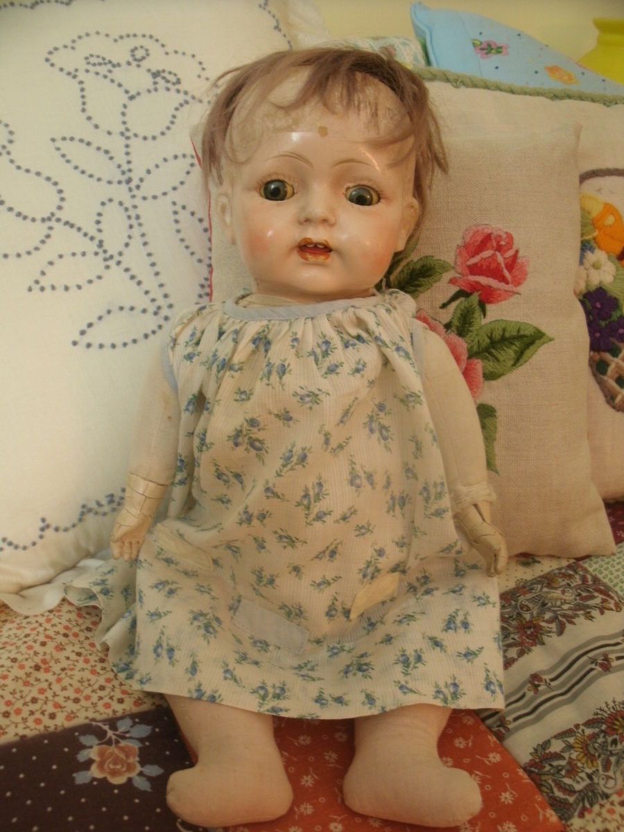 Unusual Antique Composition Bester Doll Co Baby Doll with Cloth Body 