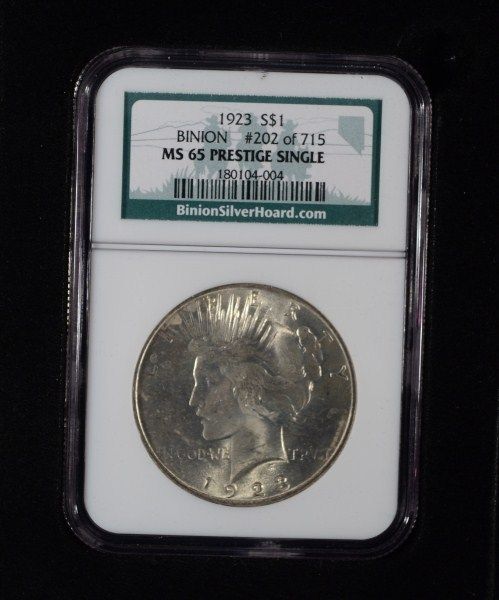 1923 BINION PEACE DOLLAR NGC MS65 GEM IN SPECIAL BOX WITH COA