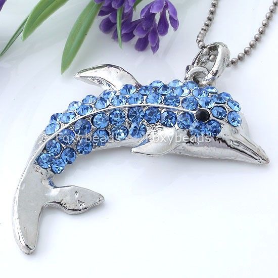 blue crystal cute dolphin silver plate charm pendant