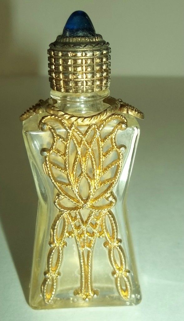 antique perfume bottle gold tone metal blue cabachon or sapphire