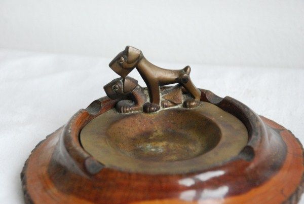 Vintage Fox Terrier Dog Brass Wood Ashtray 1930S