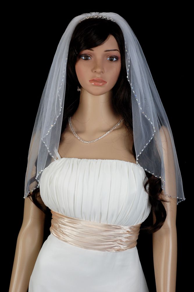 Bridal Veil Wedding 1 Tier Ivory Shoulder Real Crystal Beaded Trim 