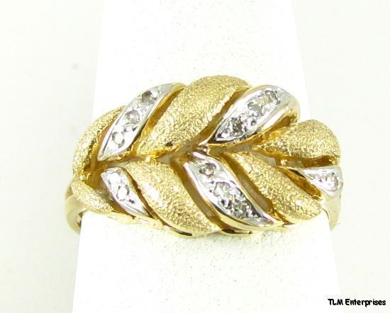 Diamond Leaf Ring Estate 10K White Yellow Gold Brushed