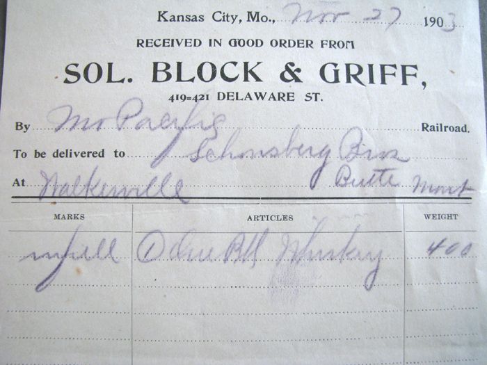   Sol Block Griff Whiskey Billhead Kansas City to Butte Montana