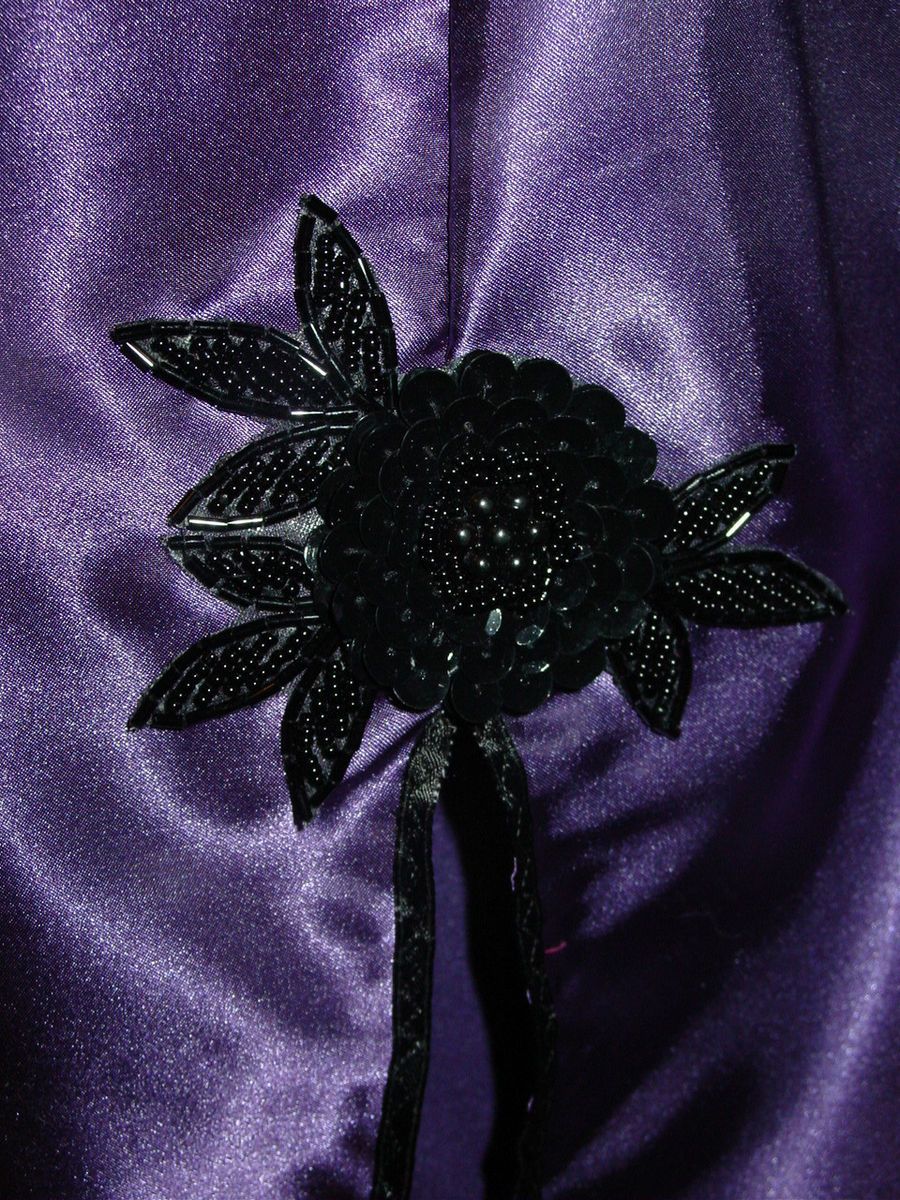 Purple Satin Half Slip Black Sequin Floral Cluter Slit on Back 29 56