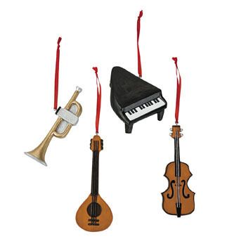 Classical Music Christmas Tree Ornaments 4 PC Lute Guitar Violin Piano