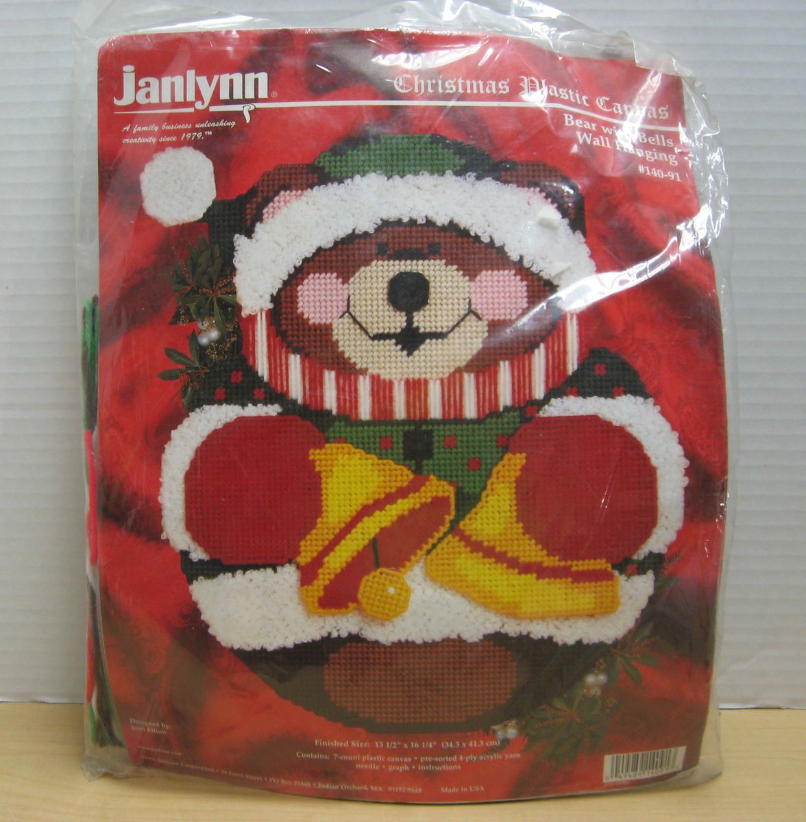Christmas Plastic Canvas Bear With Bells Wall Hanging Brand New