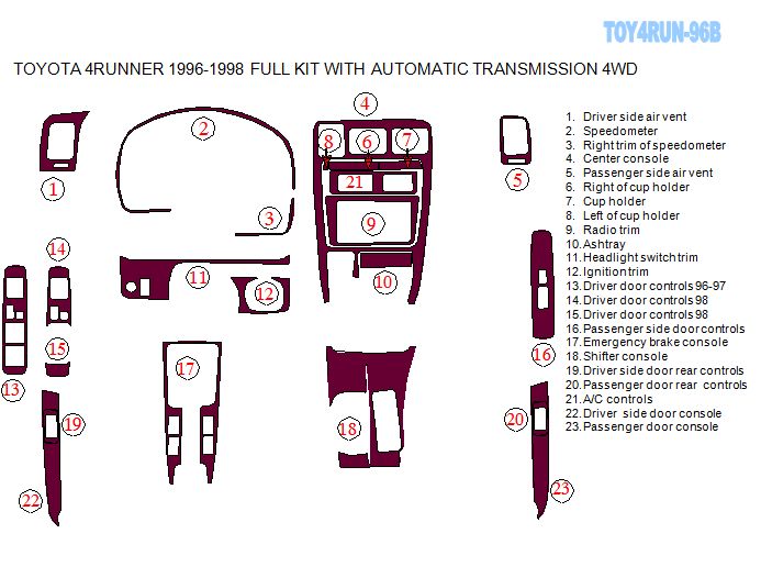 Toyota 4 Runner 1996 1997 1998 Dash Trim Kit 23 Pcs